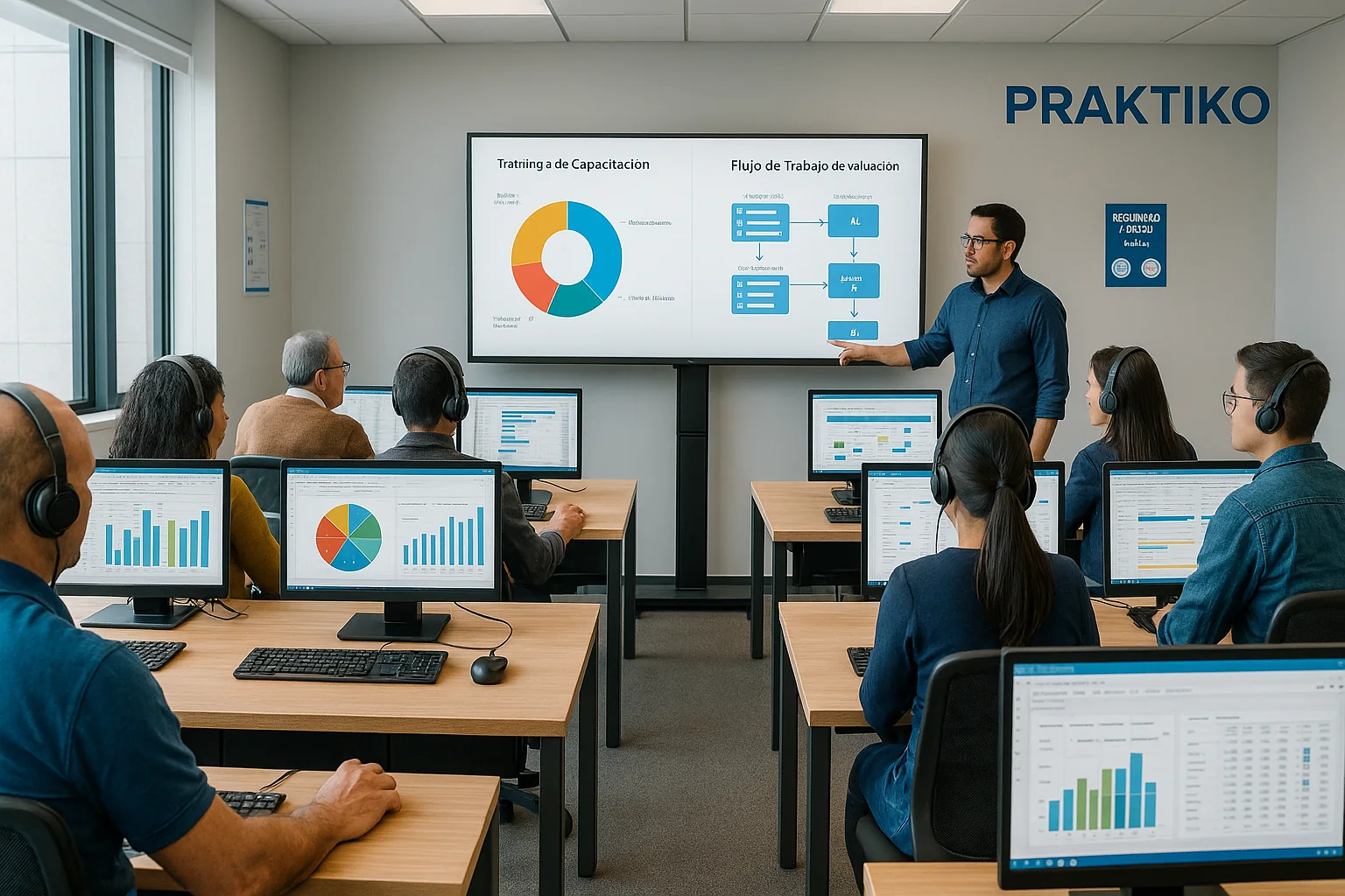 Sesión de capacitación en Praktiko: un facilitador presenta un flujo de valuación frente a participantes en sus computadoras