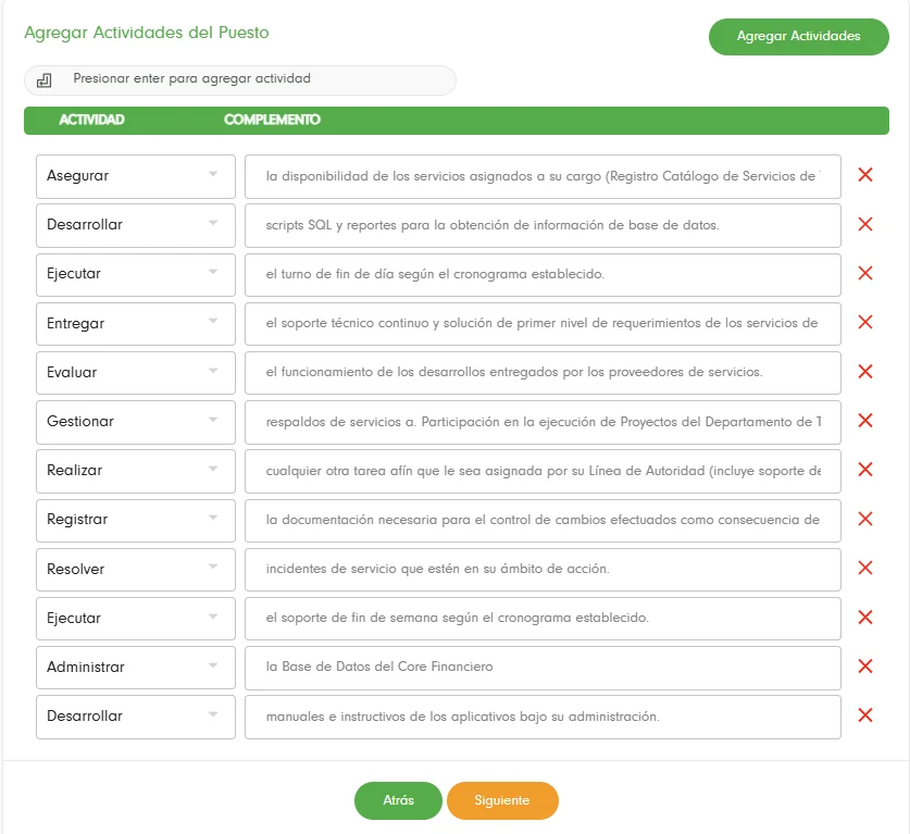Actividades del puesto con verbo y complemento