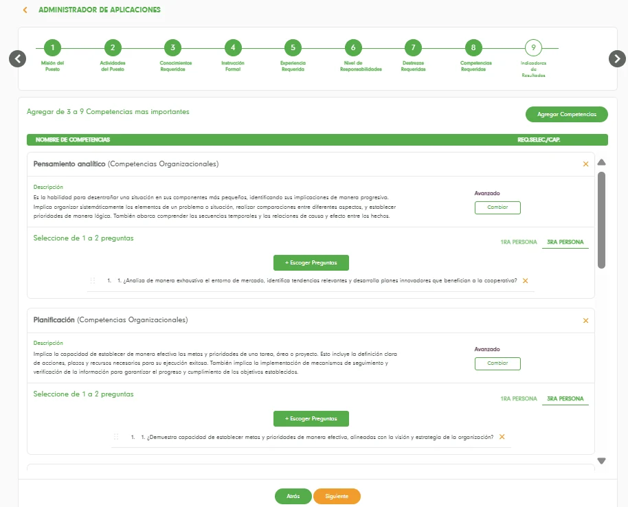 Competencias con preguntas de evaluación en primera y tercera persona