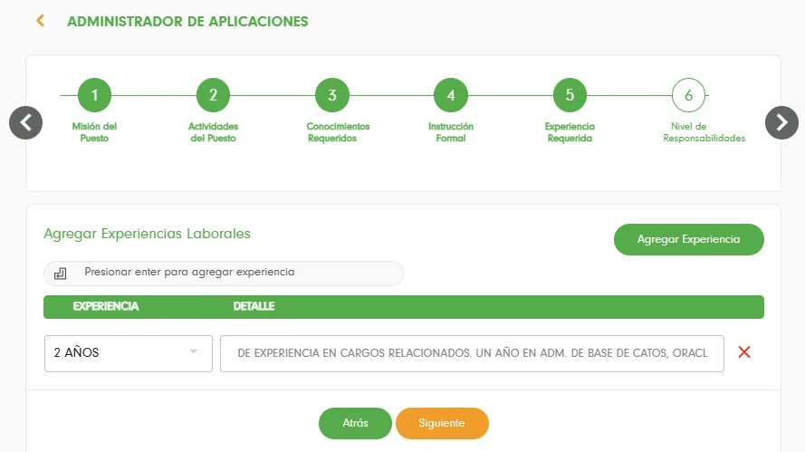 Experiencia laboral requerida para el puesto