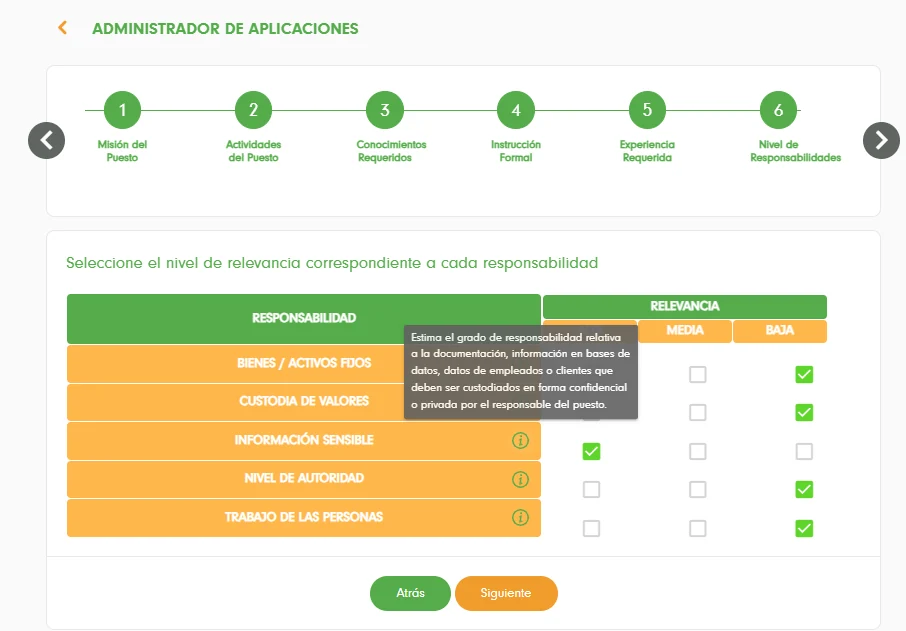 Matriz de responsabilidades con niveles de relevancia